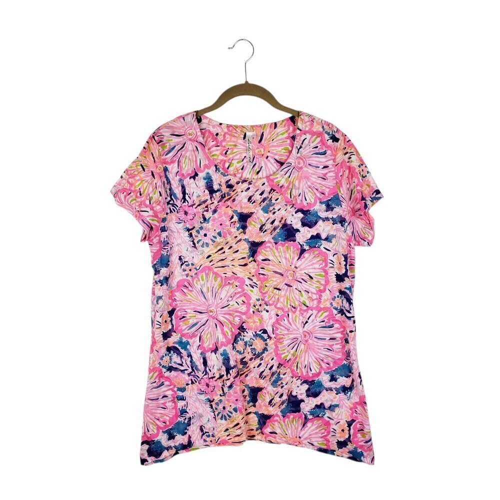 Lulu B Short Sleeve Burnout Tee Top Neon Pink Orange Floral Womens Size Small